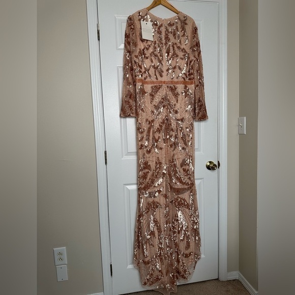 MAC DUGGAL Rose Gold Sequined faux wrap split long sleeve gown 16 NWT - Picture 9 of 16